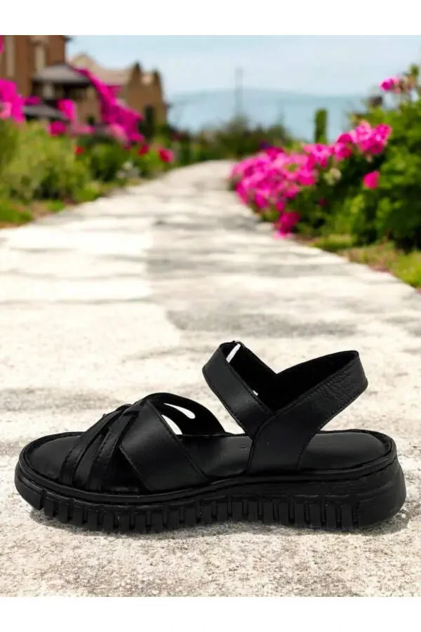 D25ys-2555 Black Genuine Leather Full Orthopedic Women's Everyday Sandal - 3