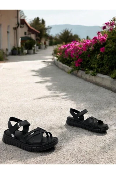 D25ys-2555 Black Genuine Leather Full Orthopedic Women's Everyday Sandal - 4