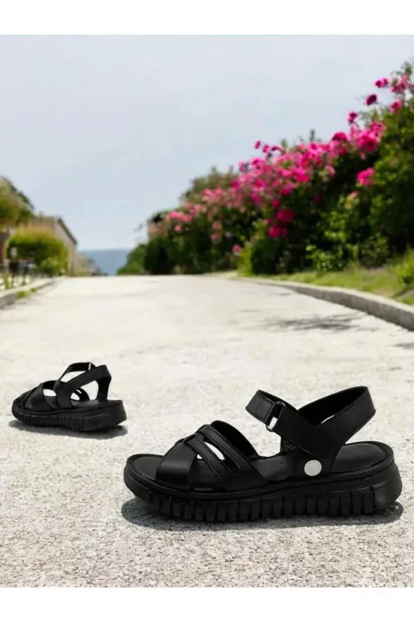 D25ys-2555 Black Genuine Leather Full Orthopedic Women's Everyday Sandal - 5