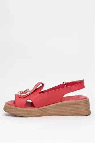 D25YS-2780 Women's Genuine Leather Flat Sandals Red-Red - 3