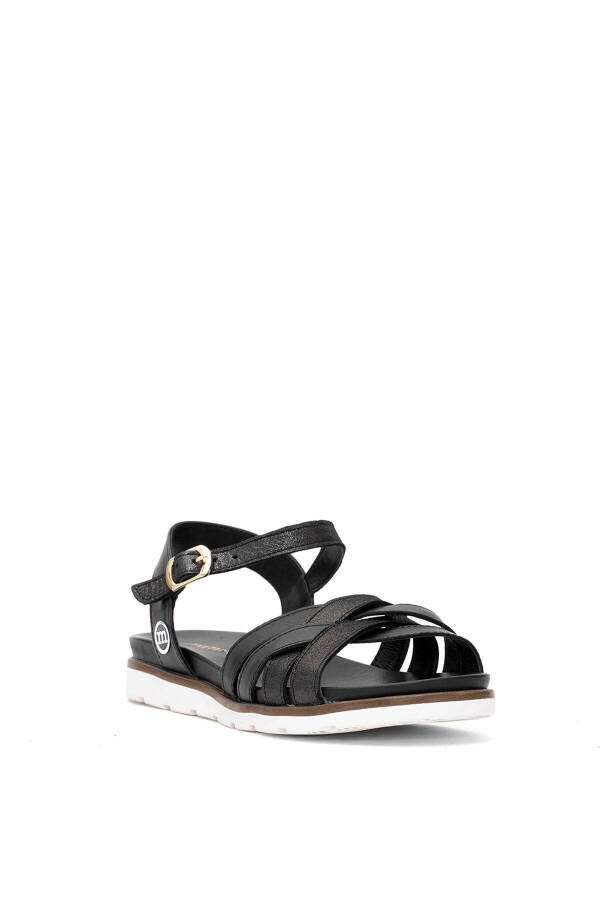 D25YS-2910 Women's Genuine Leather Flat Sandals Black - 2