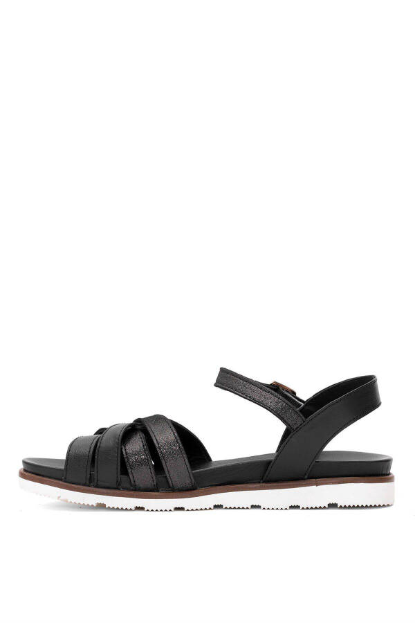 D25YS-2910 Women's Genuine Leather Flat Sandals Black - 3