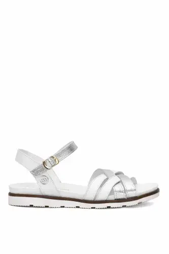 D25YS-2910 Women's Genuine Leather Flat Sandals White-White - 1