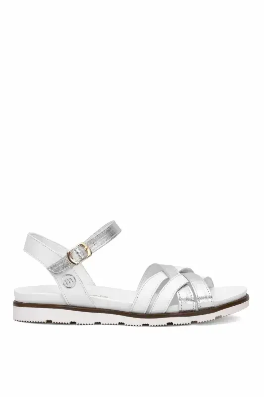D25YS-2910 Women's Genuine Leather Flat Sandals White-White - MAMMAMIA