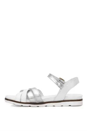 D25YS-2910 Women's Genuine Leather Flat Sandals White-White - 3