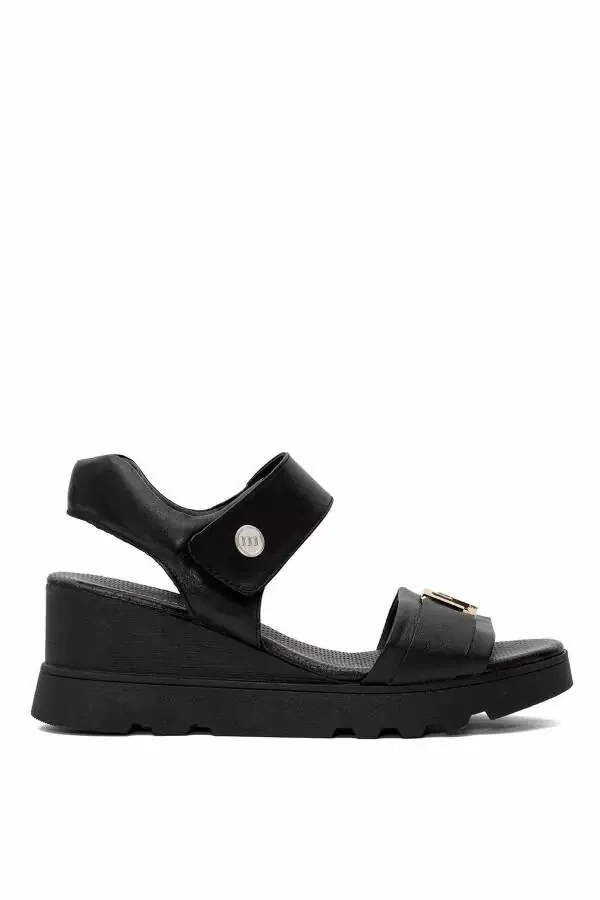 D25YS-2995 Women's Genuine Leather Padded Heel Sandals Black - 1