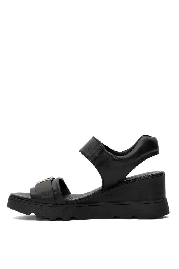 D25YS-2995 Women's Genuine Leather Padded Heel Sandals Black - 3