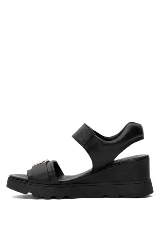 D25YS-2995 Women's Genuine Leather Padded Heel Sandals Black - 3