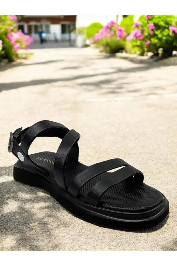 D25ys-5005 Black Genuine Leather Full Orthopedic Women's Everyday Sandal - 1