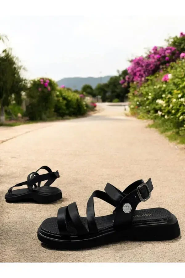 D25ys-5005 Black Genuine Leather Full Orthopedic Women's Everyday Sandal - 5