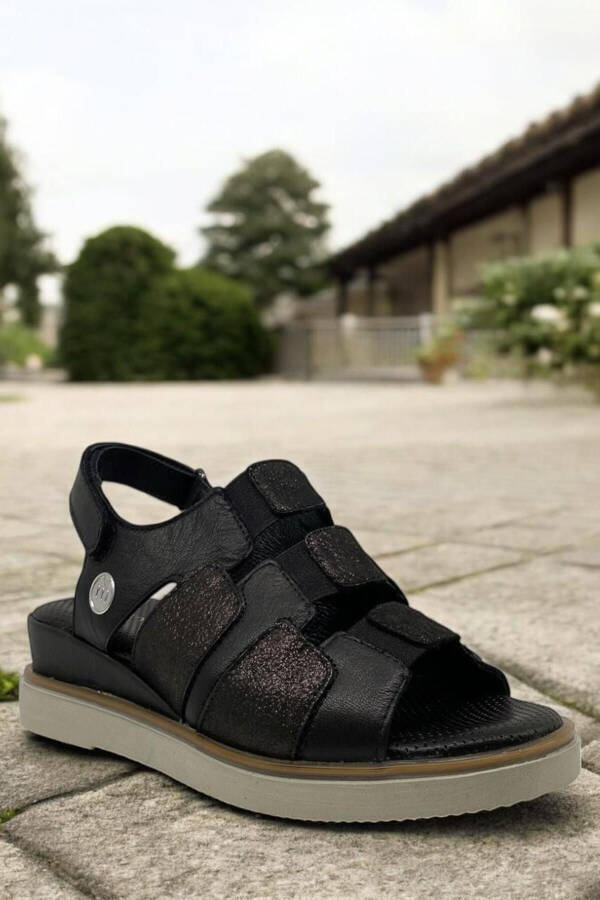 D25YS-5040 Black Platinum Glitter Genuine Leather Full Orthopedic Everyday Women's Sandal - 1