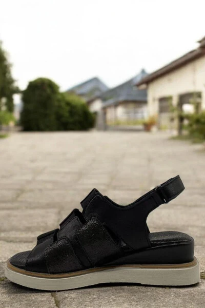 D25YS-5040 Black Platinum Glitter Genuine Leather Full Orthopedic Everyday Women's Sandal - 3