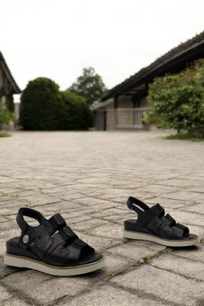 D25YS-5040 Black Platinum Glitter Genuine Leather Full Orthopedic Everyday Women's Sandal - 4