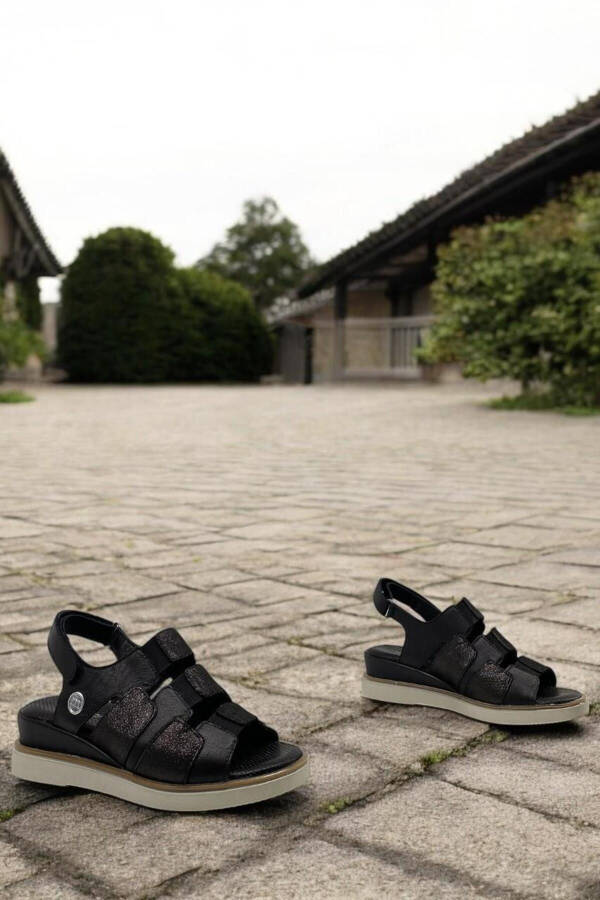 D25YS-5040 Black Platinum Glitter Genuine Leather Full Orthopedic Everyday Women's Sandal - 4