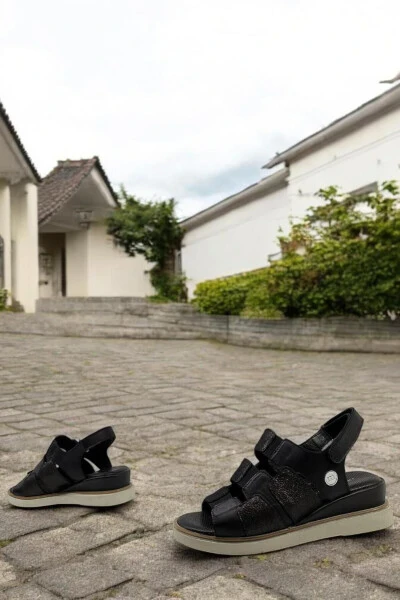 D25YS-5040 Black Platinum Glitter Genuine Leather Full Orthopedic Everyday Women's Sandal - 5