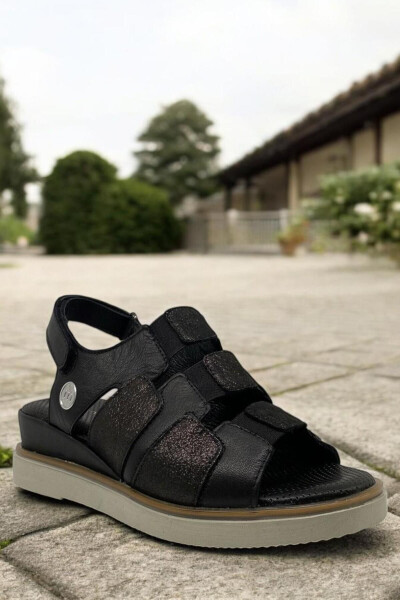 D25YS-5040 Black Platinum Glitter Genuine Leather Full Orthopedic Everyday Women's Sandal - MAMMAMIA