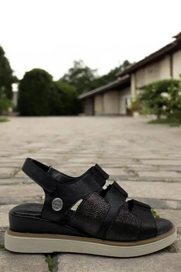 D25YS-5040 Siyah Platin Simli Hakiki Deri Tam Ortopedik Günlük Kadın Sandalet - 2