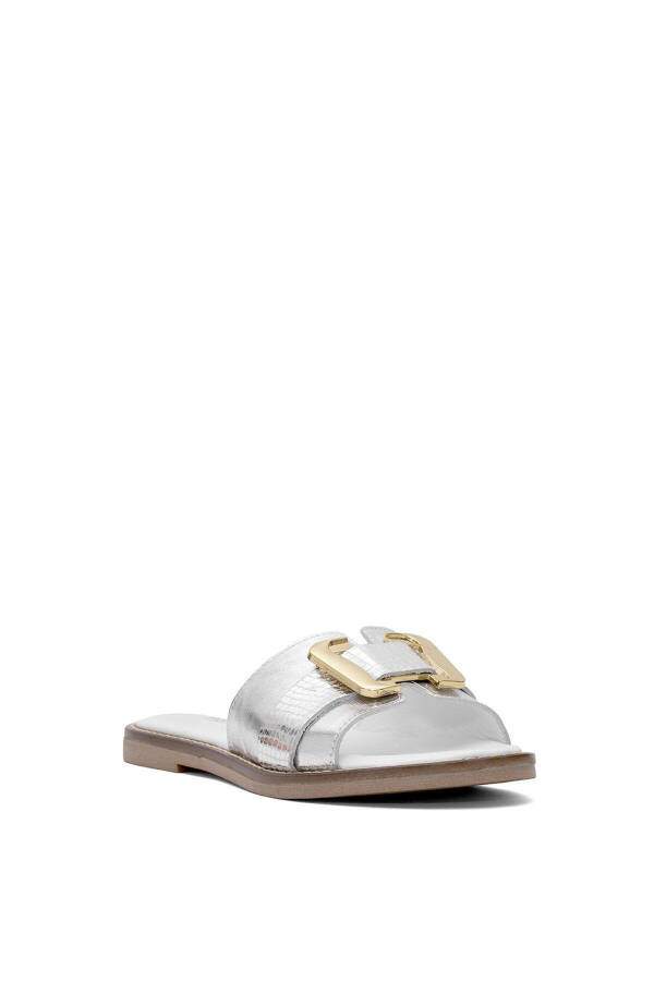 D25yt-1105 Women's Genuine Leather Flat Sandal Silver - 2
