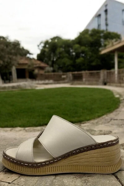 D25YT-1265 Bone Color Dore Glitter Genuine Leather Full Orthopedic Daily Women's Slippers - 3