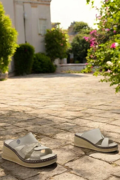 D25YT-1265 Bone Color Dore Glitter Genuine Leather Full Orthopedic Daily Women's Slippers - 4