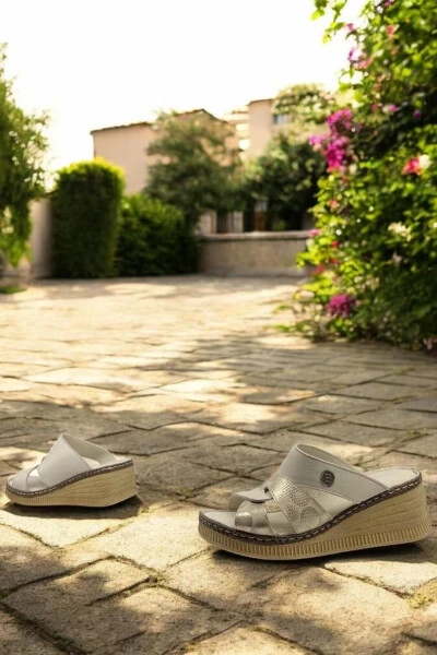 D25YT-1265 Bone Color Dore Glitter Genuine Leather Full Orthopedic Daily Women's Slippers - 5