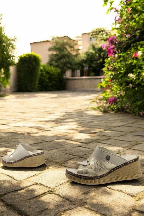D25YT-1265 Bone Color Dore Glitter Genuine Leather Full Orthopedic Daily Women's Slippers - 5