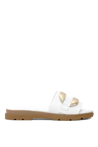 D25yt-1375 Kadın Hakiki Deri Düz Terlik Beyaz-Beyaz 