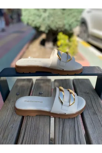 D25YT-1375 Women's Genuine Leather Flat Sandals Bone Color-Bone Sole - 6