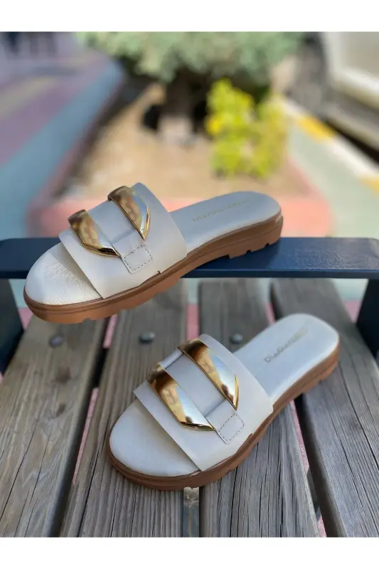 D25YT-1375 Women's Genuine Leather Flat Sandals Bone Color-Bone Sole - 7