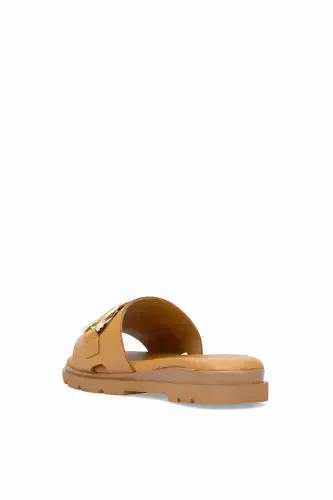 D25YT-1375 Women's Genuine Leather Flat Sandals Tan-Tan - 4