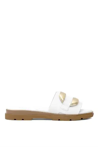 D25yt-1375 Women's Genuine Leather Flat Slippers White-White - 1