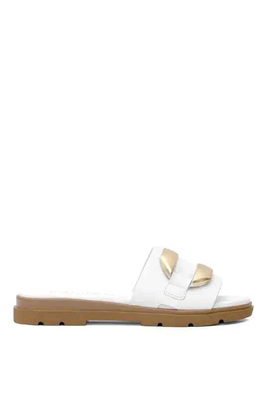 D25yt-1375 Women's Genuine Leather Flat Slippers White-White - MAMMAMIA