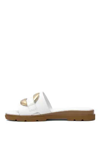 D25yt-1375 Women's Genuine Leather Flat Slippers White-White - 3