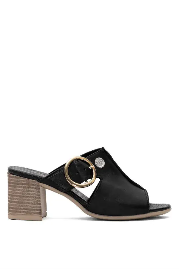 D25YT-1460 Women's Genuine Leather Heeled Sandals Black - 1