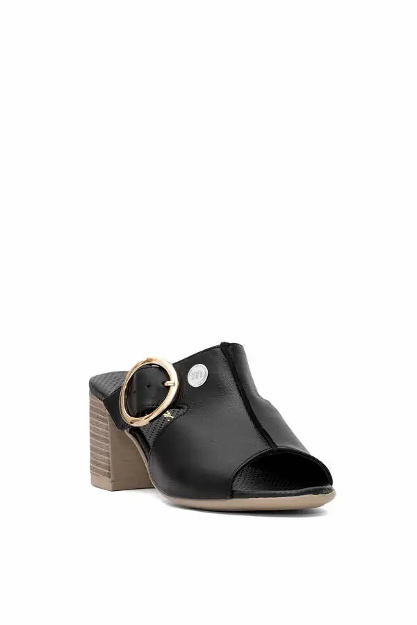 D25YT-1460 Women's Genuine Leather Heeled Sandals Black - 2