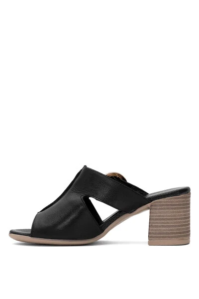 D25YT-1460 Women's Genuine Leather Heeled Sandals Black - 3