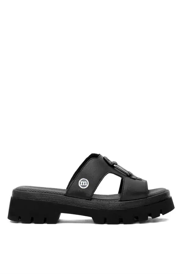 D25YT-1655 Women's Genuine Leather Heeled Sandals Black - 1