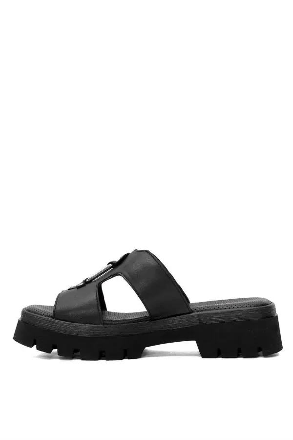 D25YT-1655 Women's Genuine Leather Heeled Sandals Black - 3