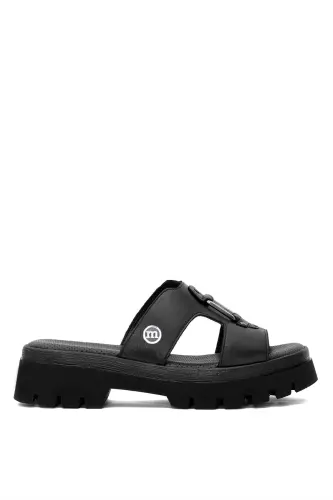 D25YT-1655 Women's Genuine Leather Heeled Sandals Black 