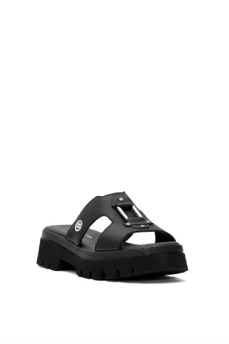 D25YT-1655 Women's Genuine Leather Heeled Sandals Black - 2