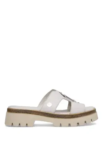 D25YT-1655 Women's Genuine Leather Heeled Slippers Cream-Cream - 1