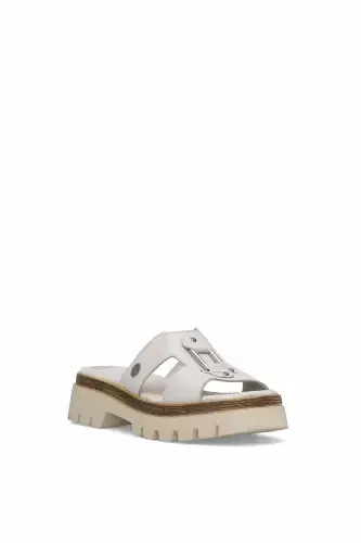 D25YT-1655 Women's Genuine Leather Heeled Slippers Cream-Cream - 2