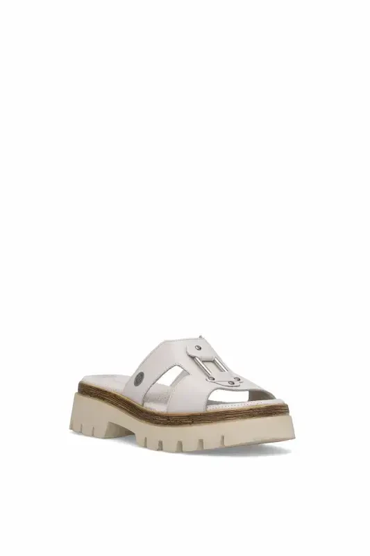 D25YT-1655 Women's Genuine Leather Heeled Slippers Cream-Cream - 2