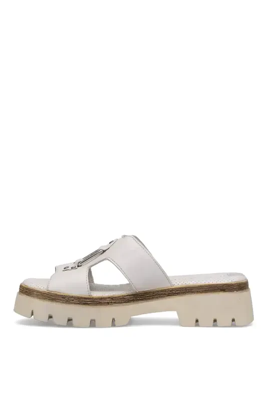 D25YT-1655 Women's Genuine Leather Heeled Slippers Cream-Cream - 3