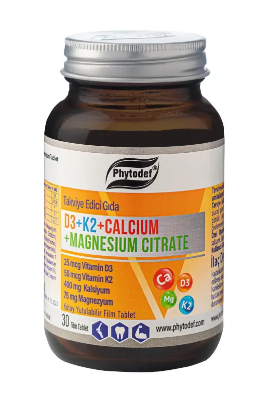 D3 + K2 + Kaltsiy + Magniy Sitrat - 30 Film Qoplamali Tablet - PHYTODEF