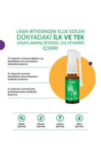 D3 vitamini (1000 IU) + K2 vitamini bo'lgan 20 ml o'simlik asosidagi sprey - VITAGO (1)