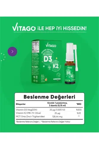 D3 Vitamini (1000 IU) + K2 Vitamini İçeren 20 ml Bitkisel Bazlı Sprey - 3
