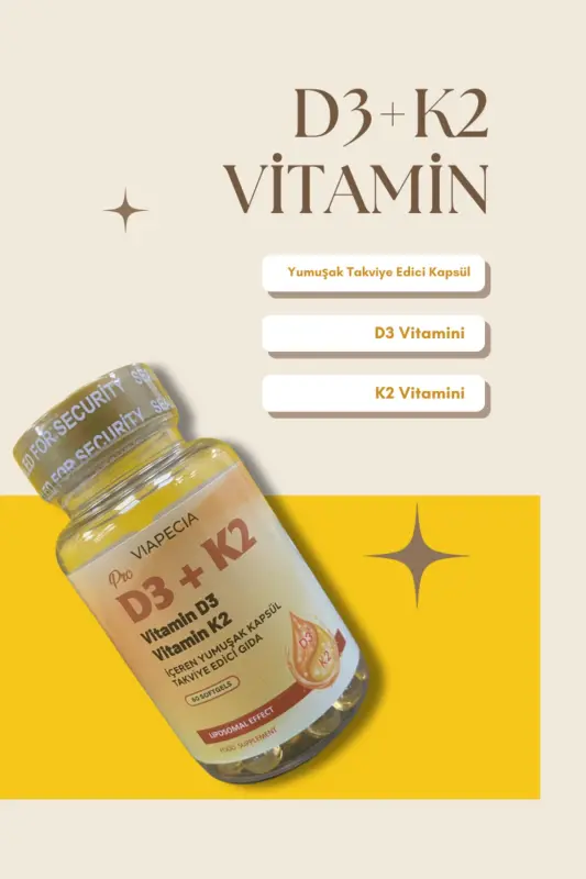 D3+K2 Vitamin D3 Vitamin K2 Yumuşak Takviye Edici Kapsül 60 Adet - VIAPECIA