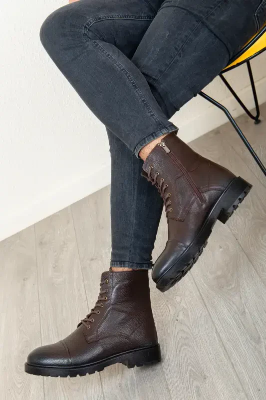 D402 Натуральная Кожа Непромерзаемые Зимние Мужские Ботинки Резиновая Подошва-Коричневый - 4