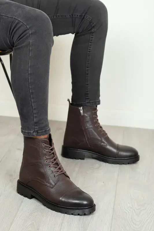 D402 Натуральная Кожа Непромерзаемые Зимние Мужские Ботинки Резиновая Подошва-Коричневый - 5